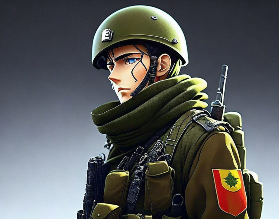 Soldier illustration with green helmet, uniform, rifle, and emblem