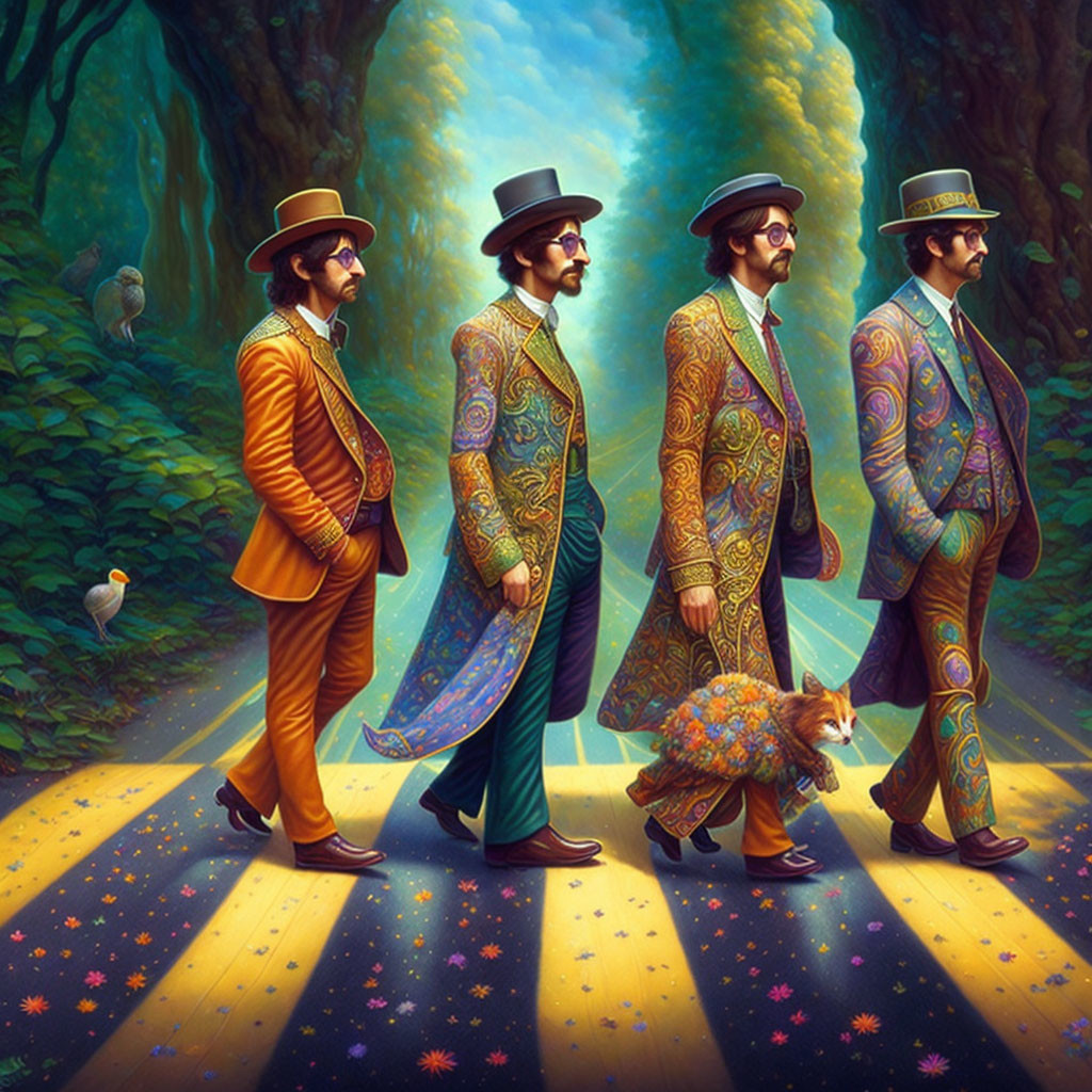 Four men in vibrant suits and hats with small colorful animal on forest path