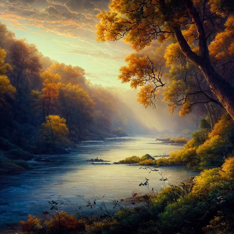 Tranquil river in autumn forest under soft sunlight