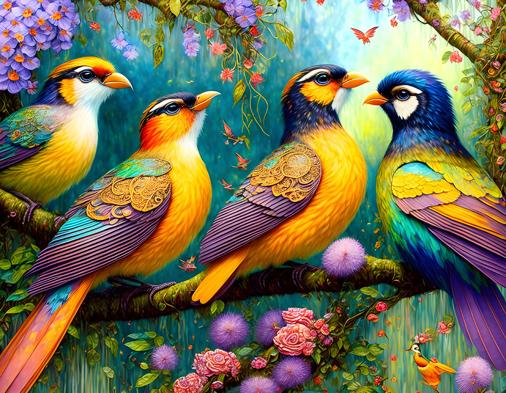 Colorful ornate birds in fantastical garden with lush flora and butterfly