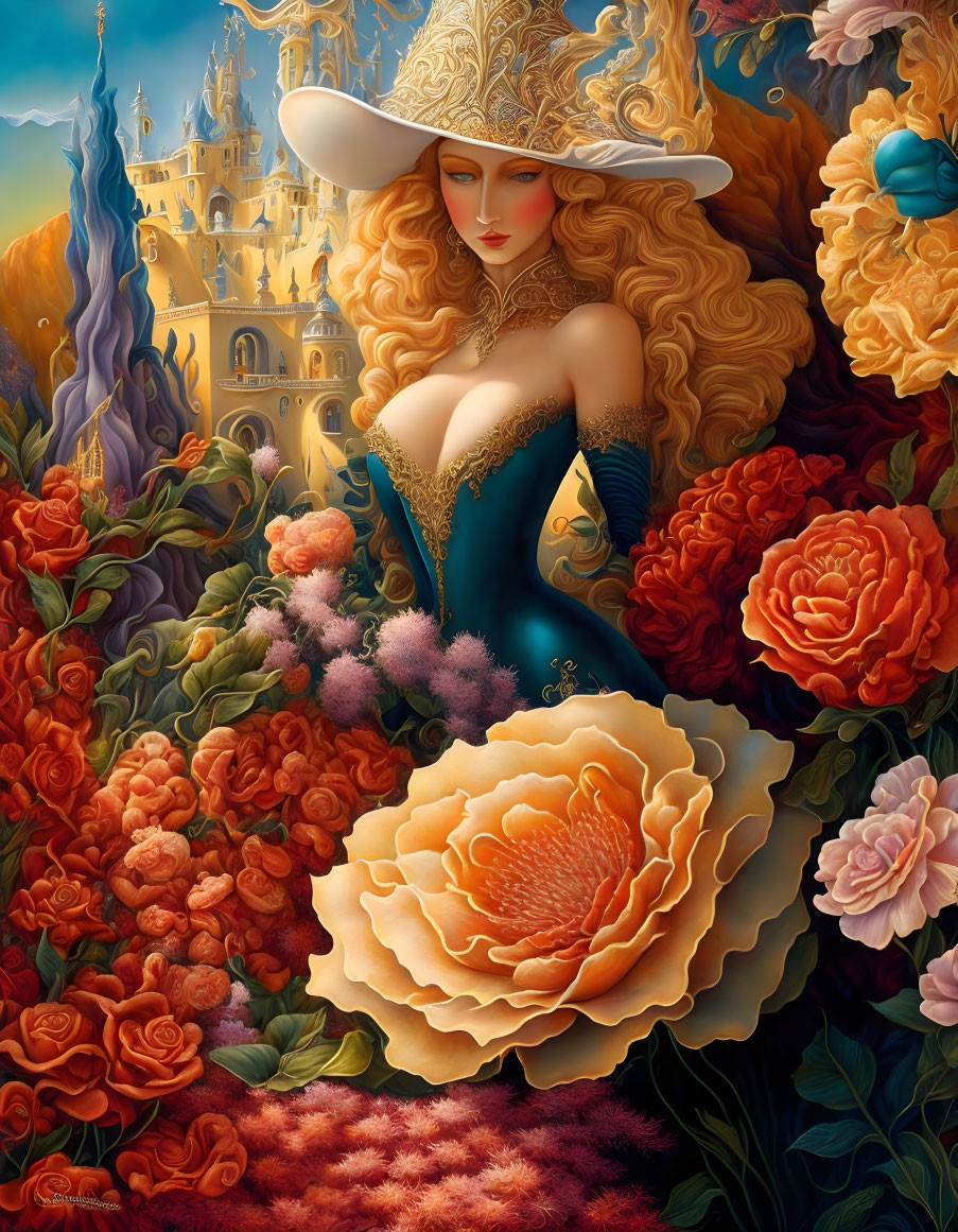 Illustration of woman with golden hair, hat, corset, vibrant flowers, and castle.