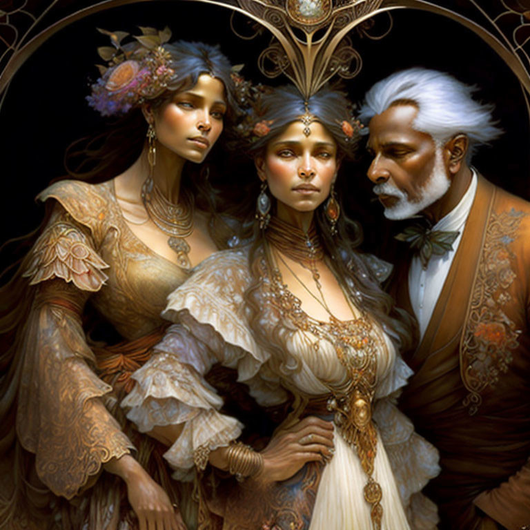 Fantasy-style characters in ornate attire against a dark backdrop