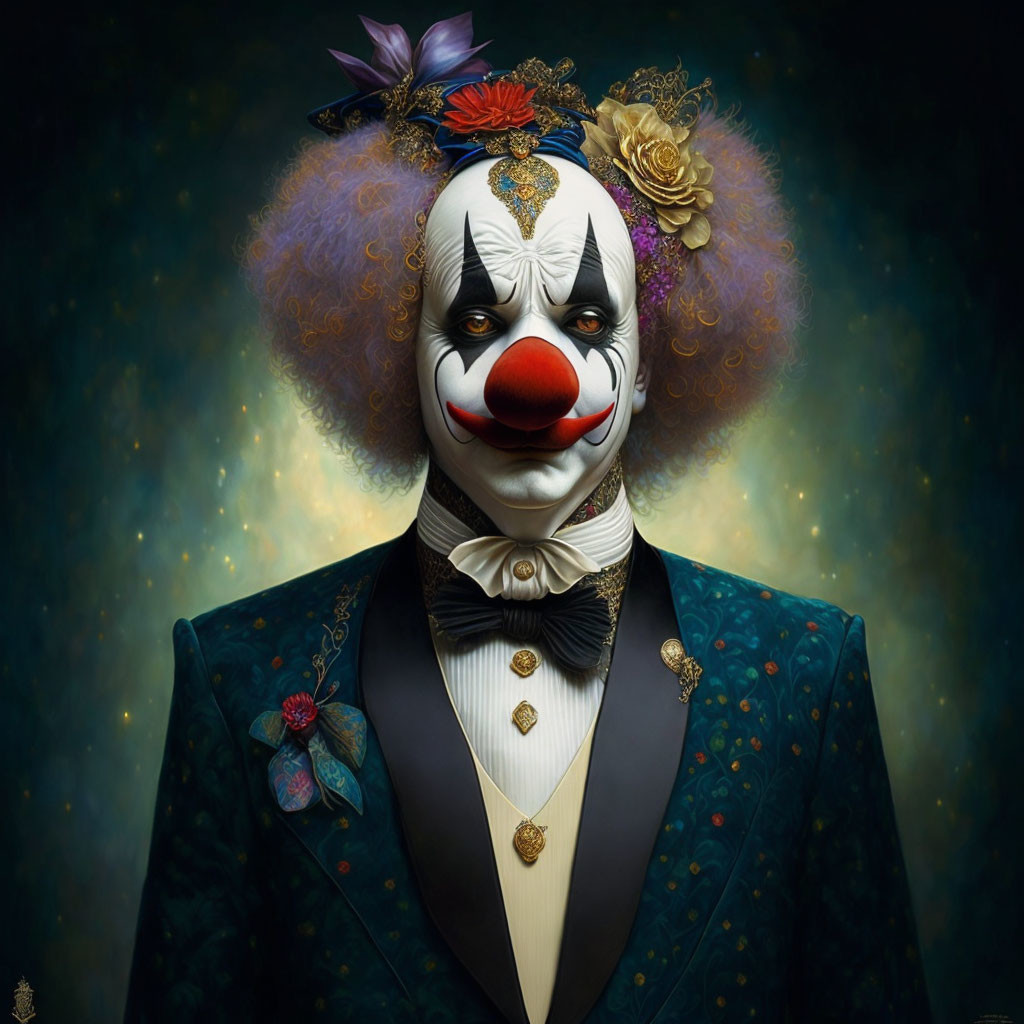 Colorful Clown with Intricate Face Paint and Decorative Suit