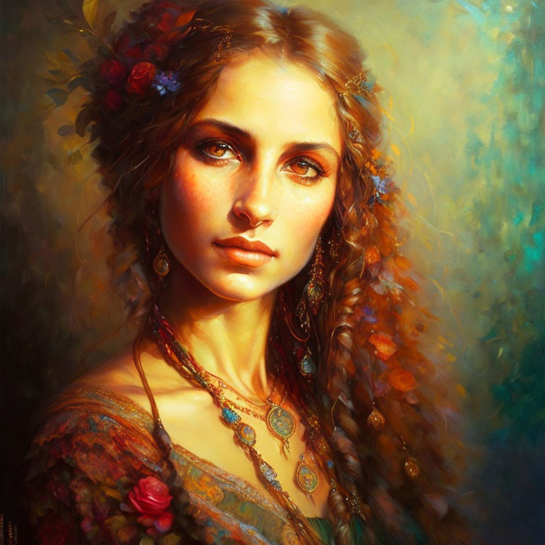 Woman portrait with curly hair, flower adornments, and bohemian jewelry.