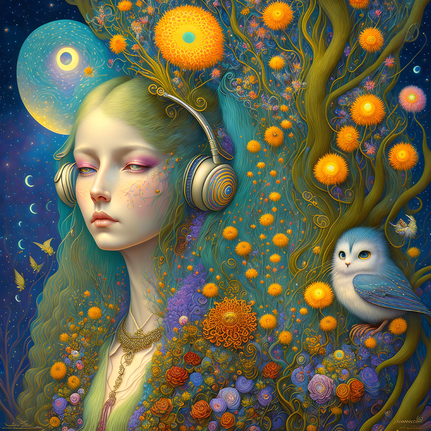 Colorful artwork: Woman with green hair, headphones, fantastical flora, blue bird, cosmic backdrop