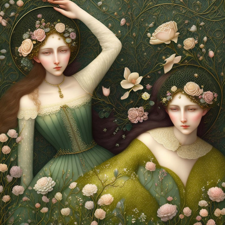 Two Women in Ornate Green Dresses with Roses and Gold Jewelry