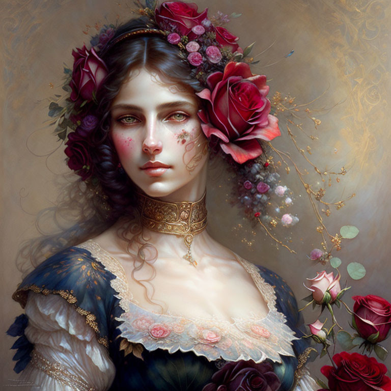 Digital portrait of a woman with floral theme and roses in hair, wearing Victorian-style dress