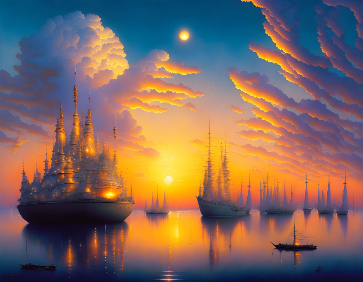 Vibrant sunset seascape with ornate ship and sailing ships on calm waters