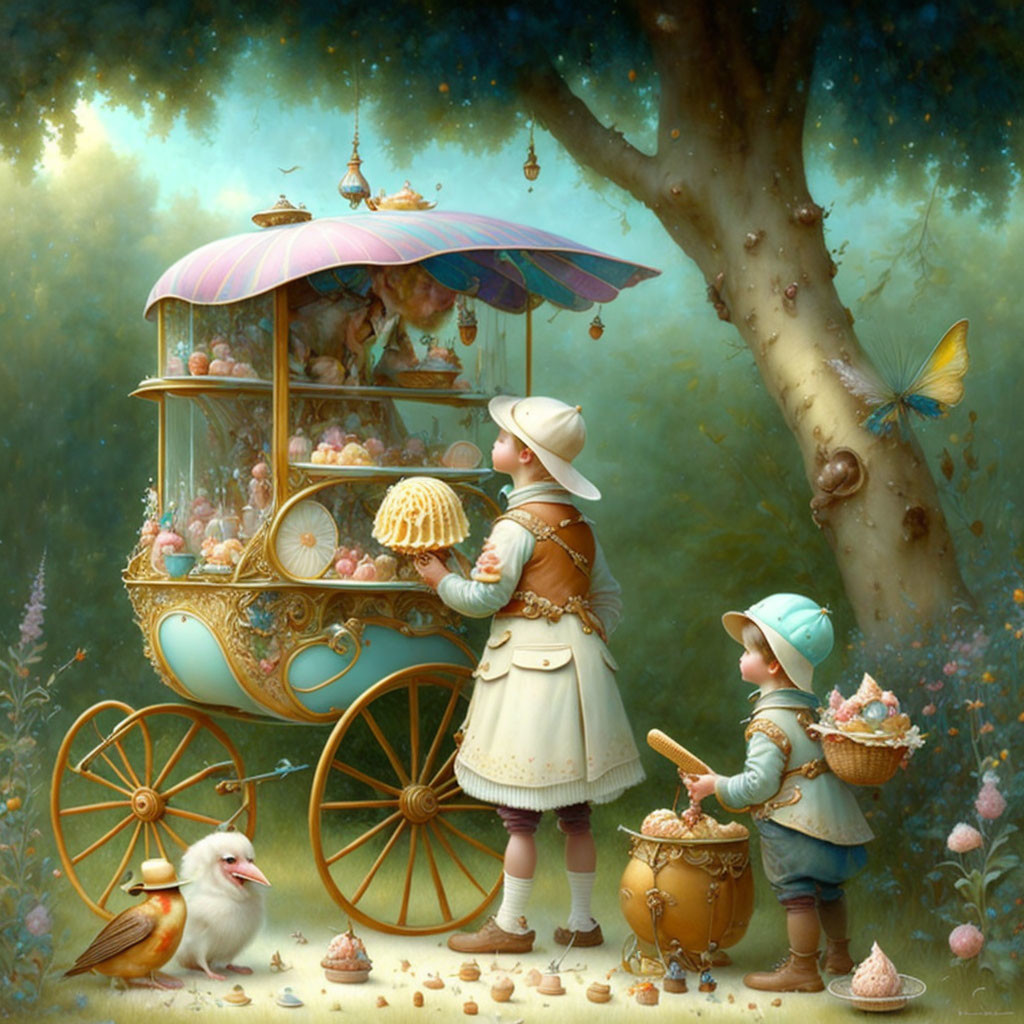 Children in vintage clothing explore elaborate toy-filled cart by tree with bird and butterfly.