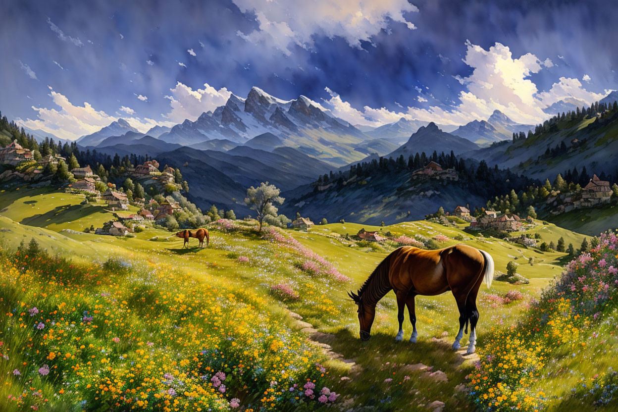 Vibrant meadow scene with grazing horses and snow-capped mountains