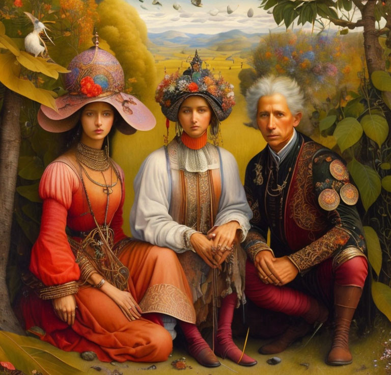 Three People in Traditional Attire Against Mystical Flora Backdrop