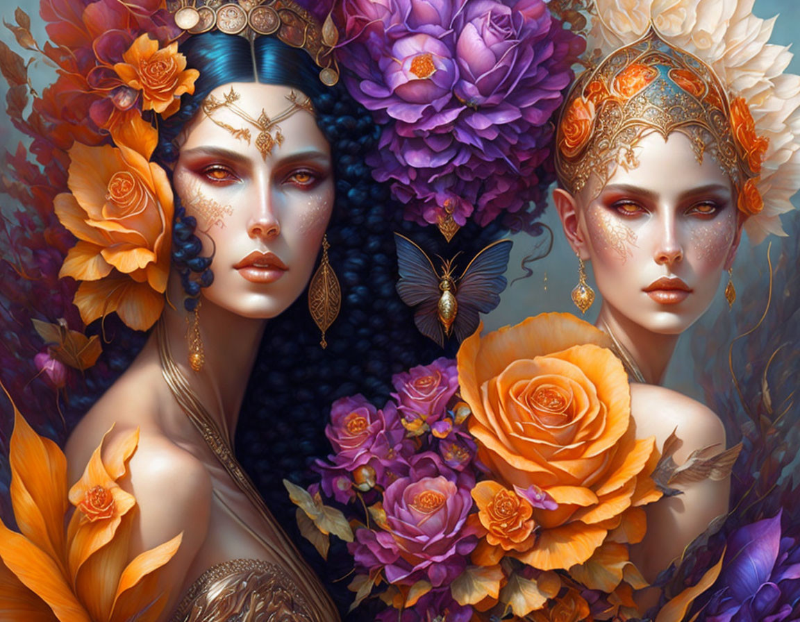 Ethereal women with ornate headpieces among vibrant flowers