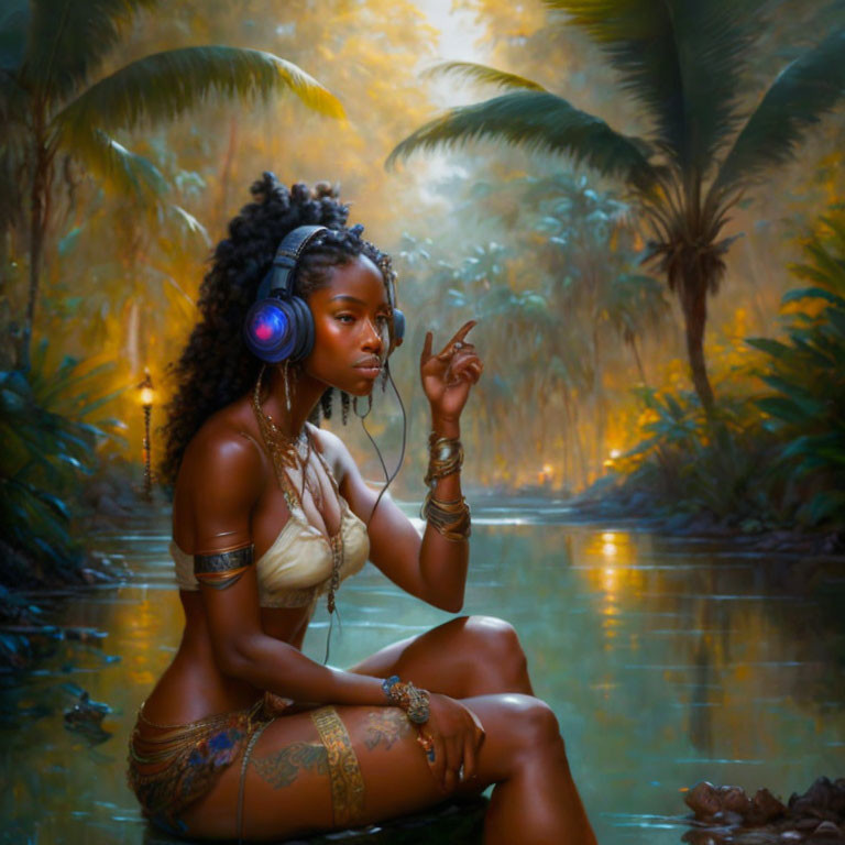 Woman with headphones in lush jungle setting by serene water body