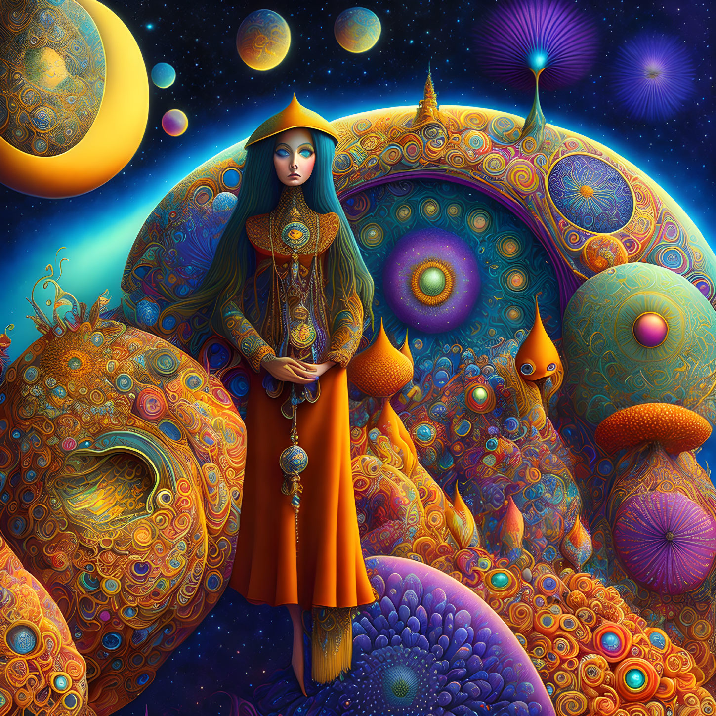 Colorful digital artwork: Woman in ornate attire surrounded by psychedelic landscape