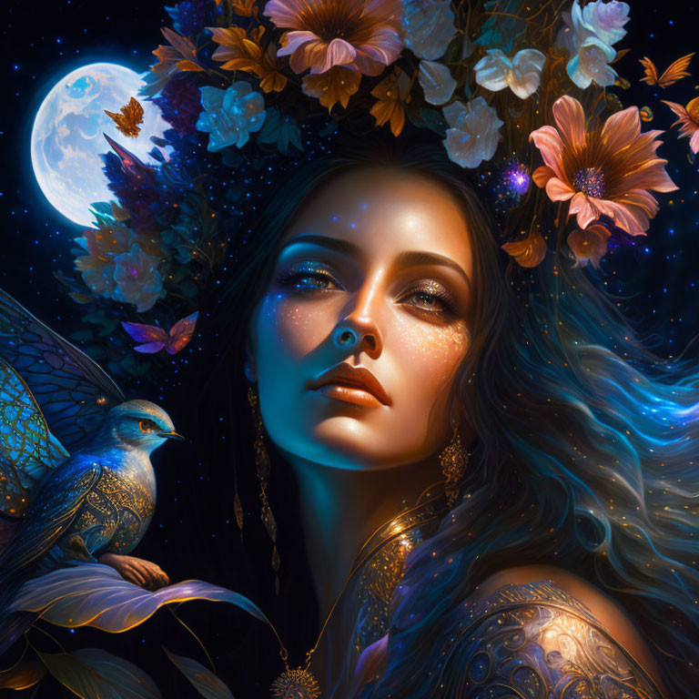 Portrait of woman with flower-adorned hair, luminescent bird, moonlit sky