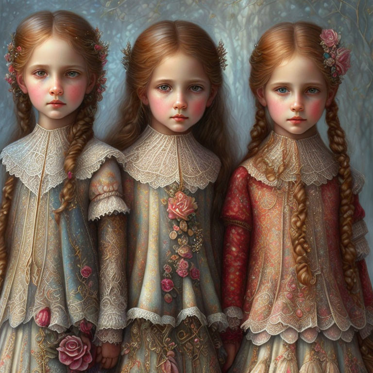 Vintage dresses on three girls with roses, intricate hairstyles, and melancholic gaze