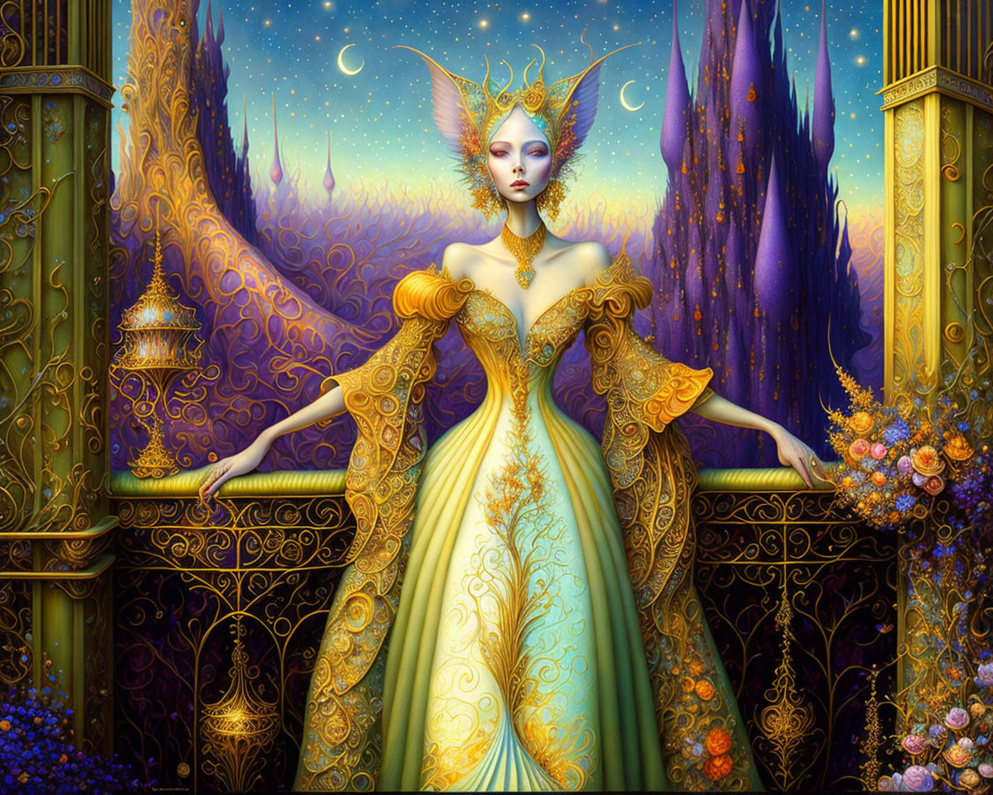 Regal female figure in ornate yellow dress in fantasy landscape