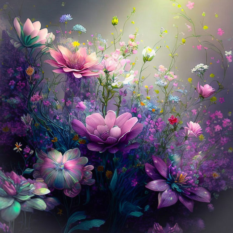 Digitally illustrated pink and purple flowers on dark background