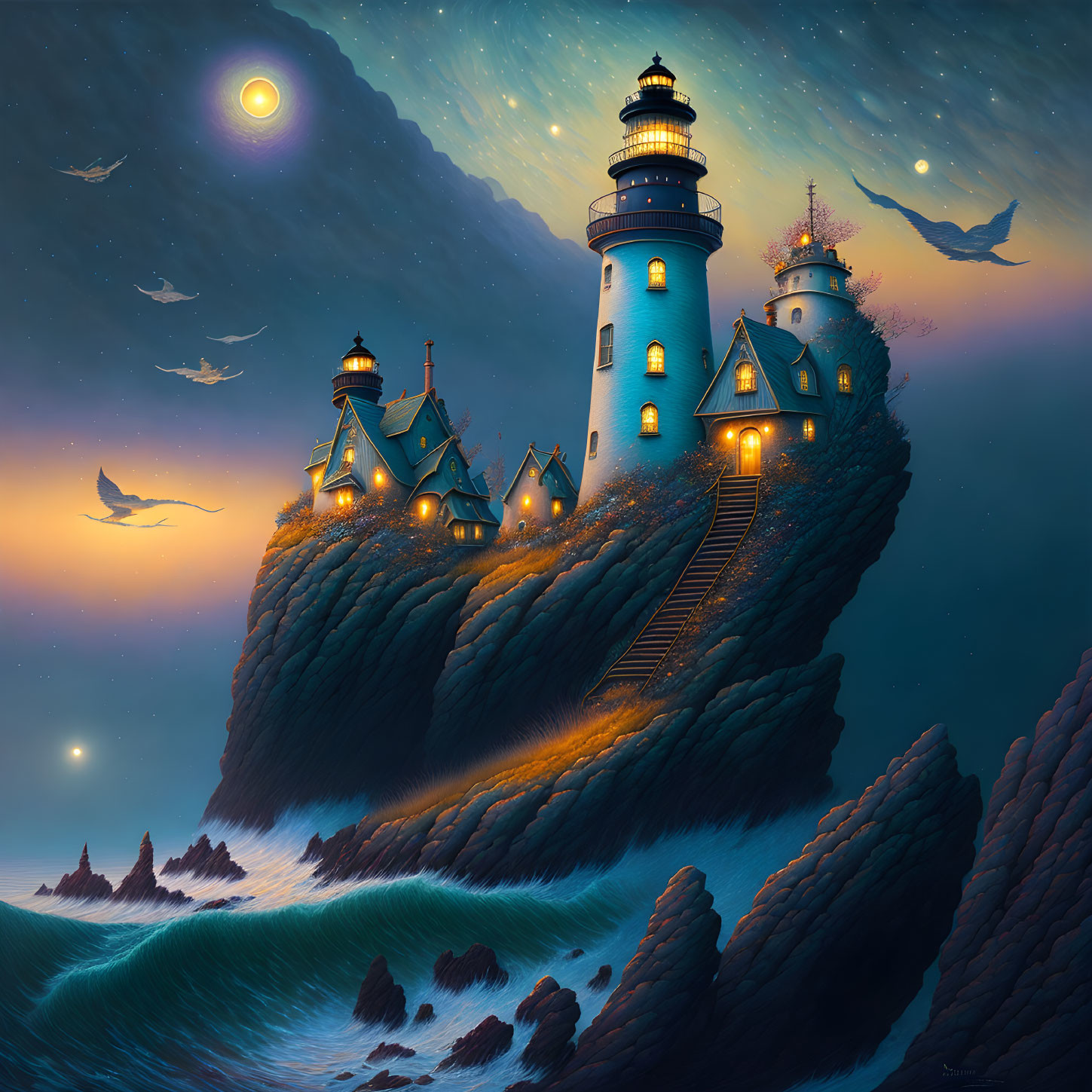 Nighttime seascape with lighthouse, cliffs, stars, birds, and ocean.