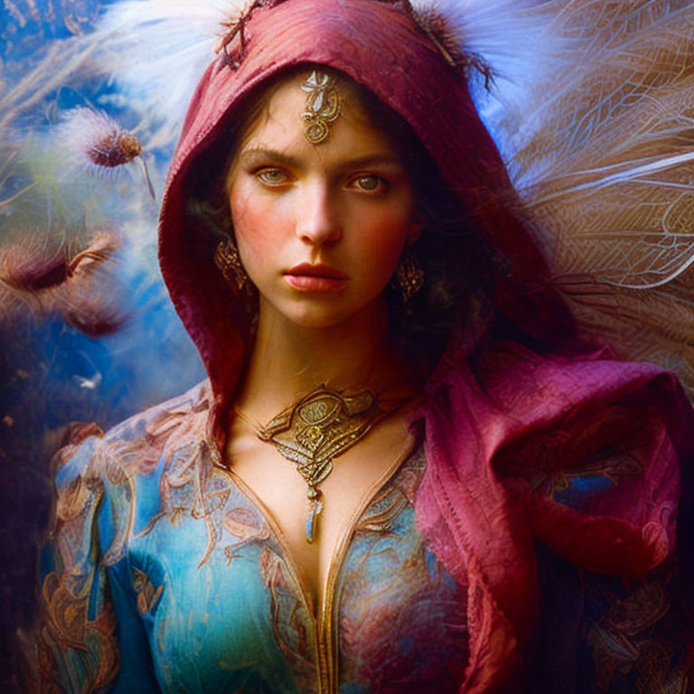 Woman with Striking Eyes in Red Hood and Blue Garment with Golden Patterns