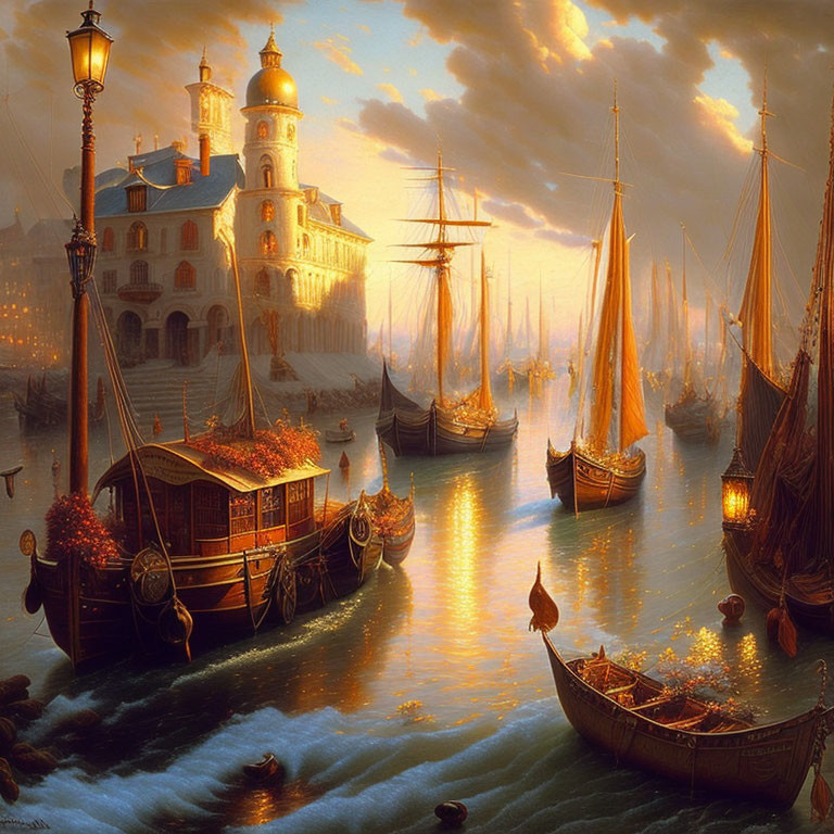 Bustling Harbor Sunset with Boats and Grand Building