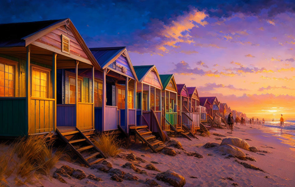 Vibrant sunset scene: colorful beach huts, people walking, and vibrant sky.