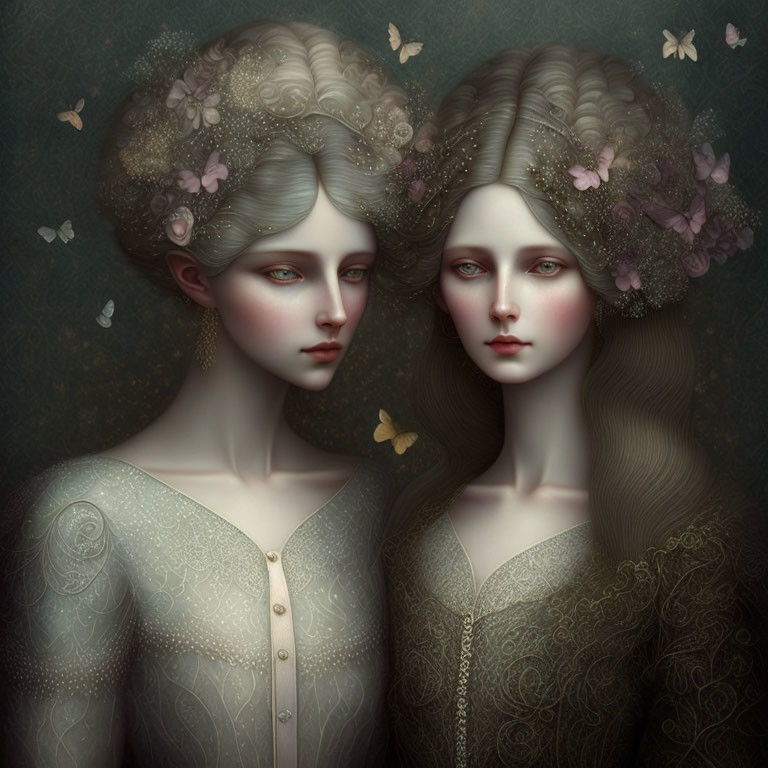 Ethereal female figures with elaborate hairstyles and ornate clothing in a somber setting