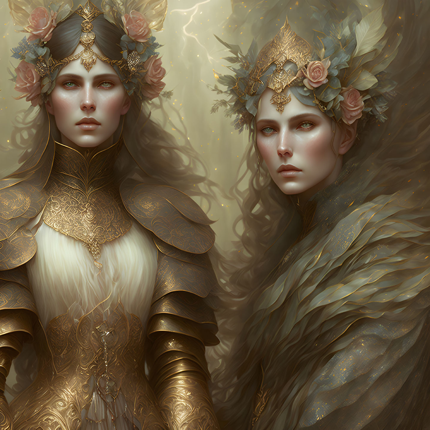 Ethereal women in golden floral crowns and armor in elegant designs