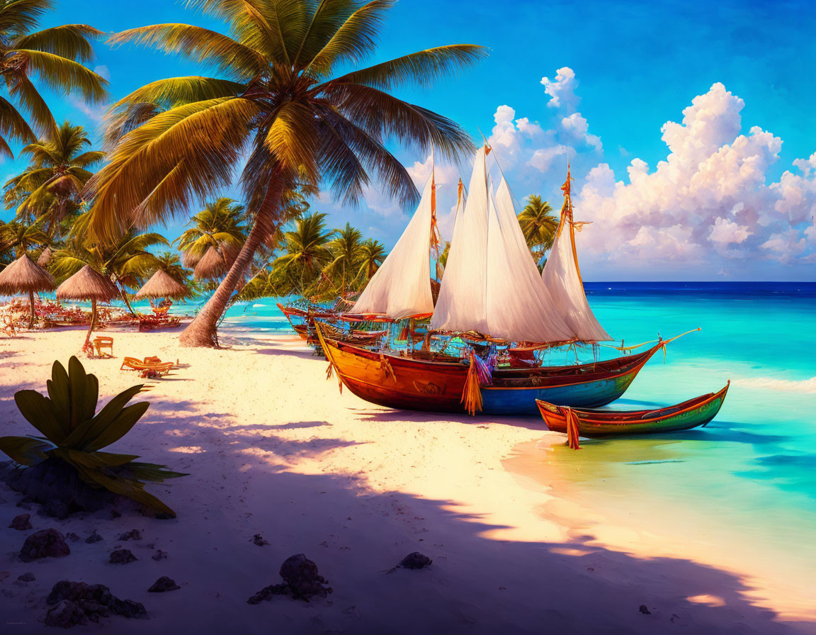 Tropical Beach Scene with Palm Trees and Traditional Boats