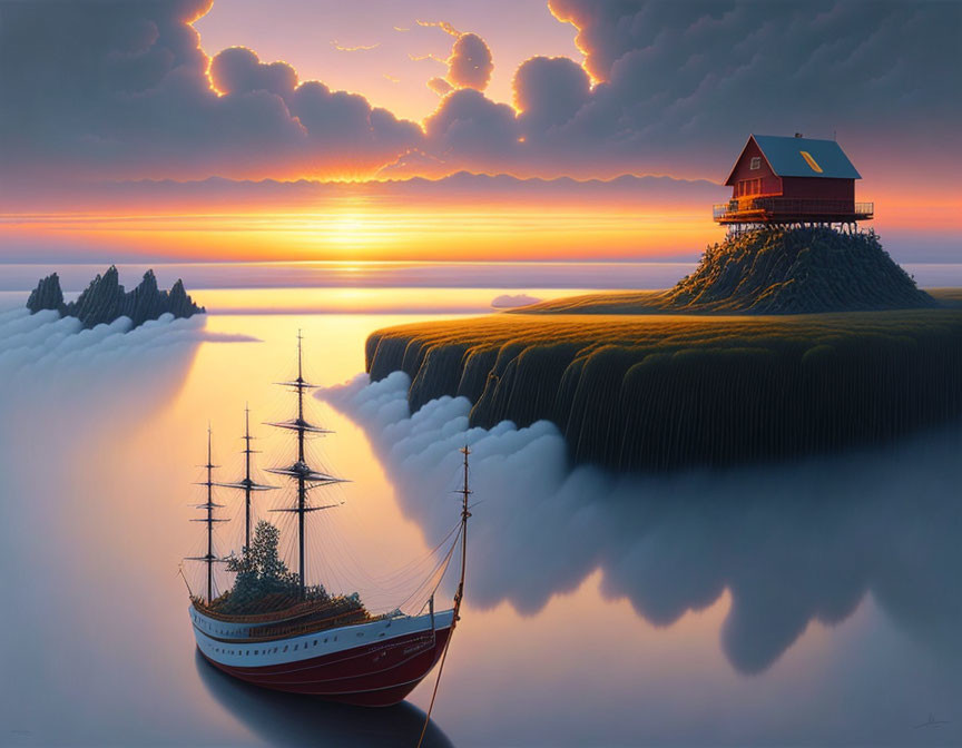 Surreal image of ship near floating island with waterfall and house under cloudy sunset