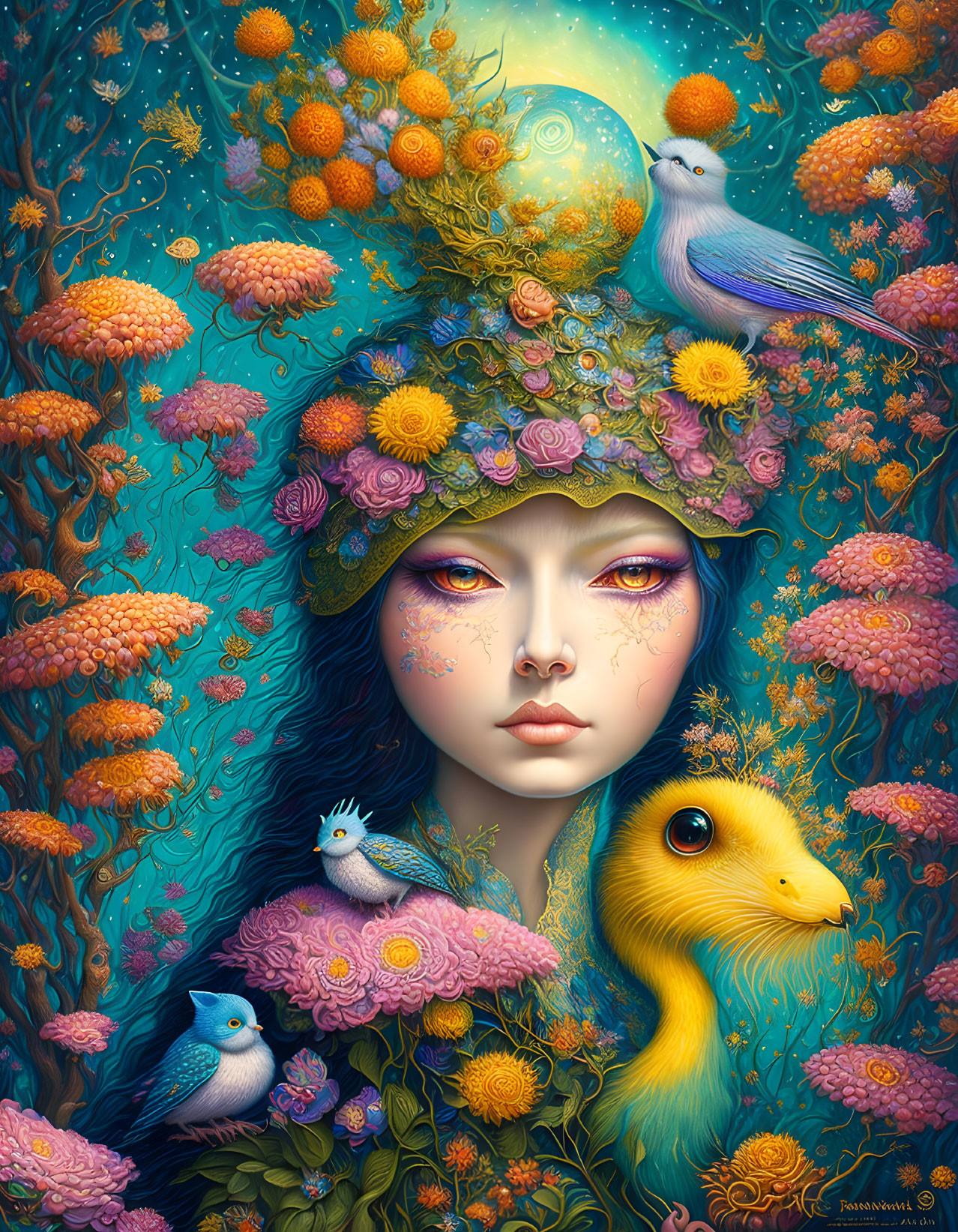 Colorful illustration: Woman with flowers, birds, and whimsical creature