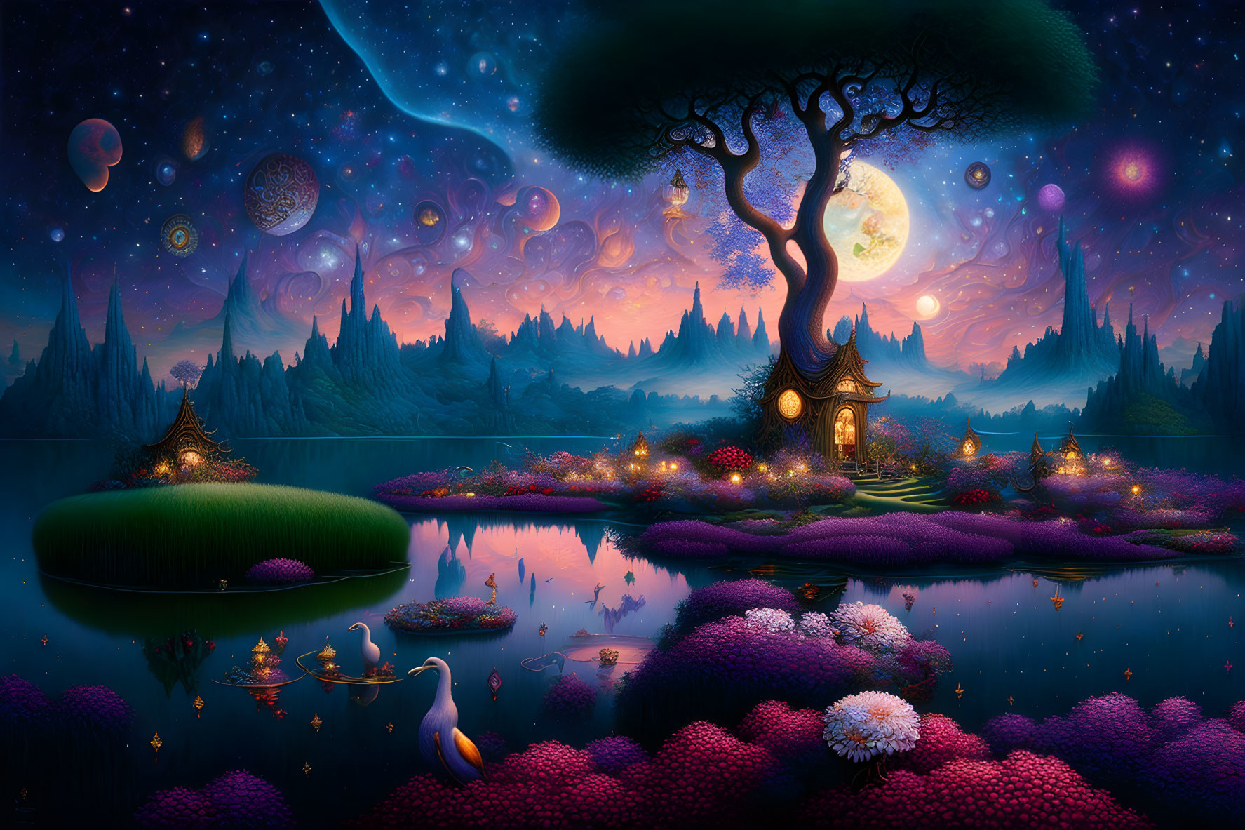 Fantastical landscape with treehouse, glowing moon, egret, and vibrant flora