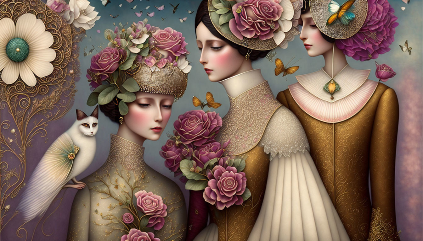 Ethereal women in floral headdresses with butterflies and a white cat.