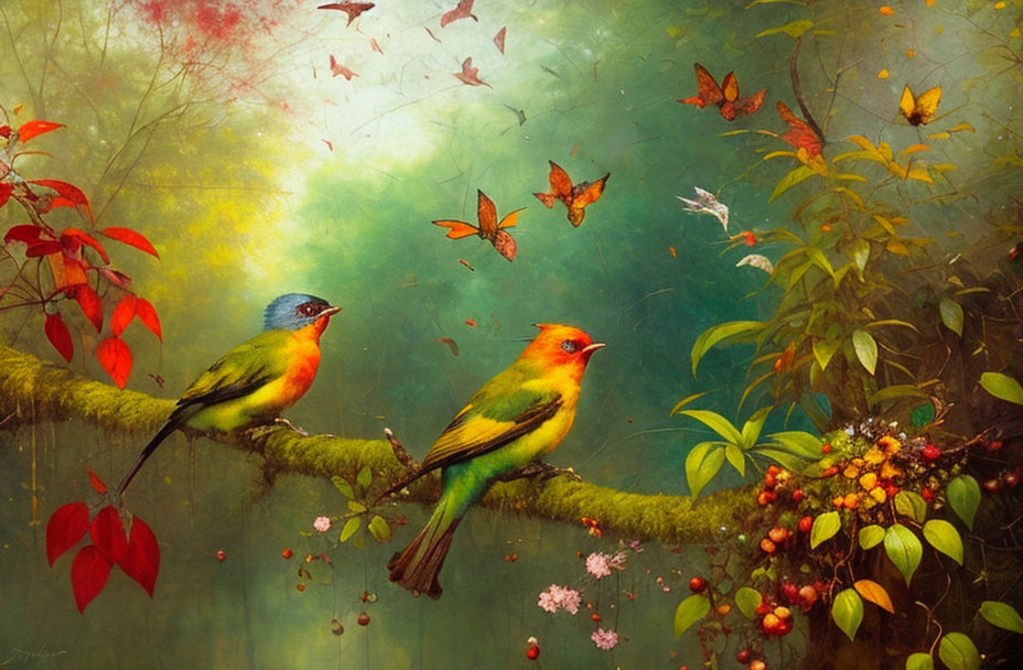 Colorful birds on mossy branch in enchanted forest with butterflies.