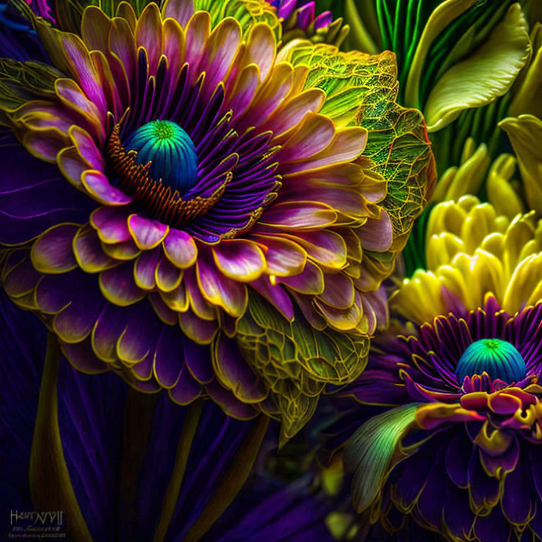 Close-up of vibrant purple and yellow flowers with intricate petal patterns