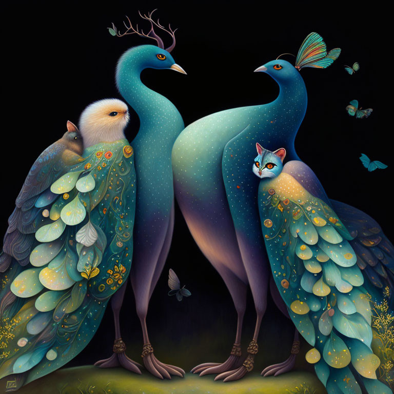 Fantasy illustration: two peacocks with starry, gradient feathers and integrated creatures on dark background