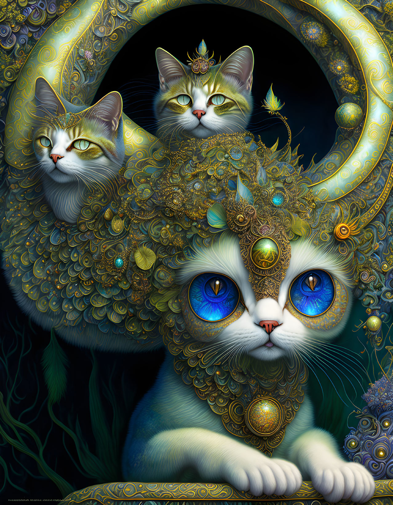 Illustration of three cats with golden jewelry in celestial setting