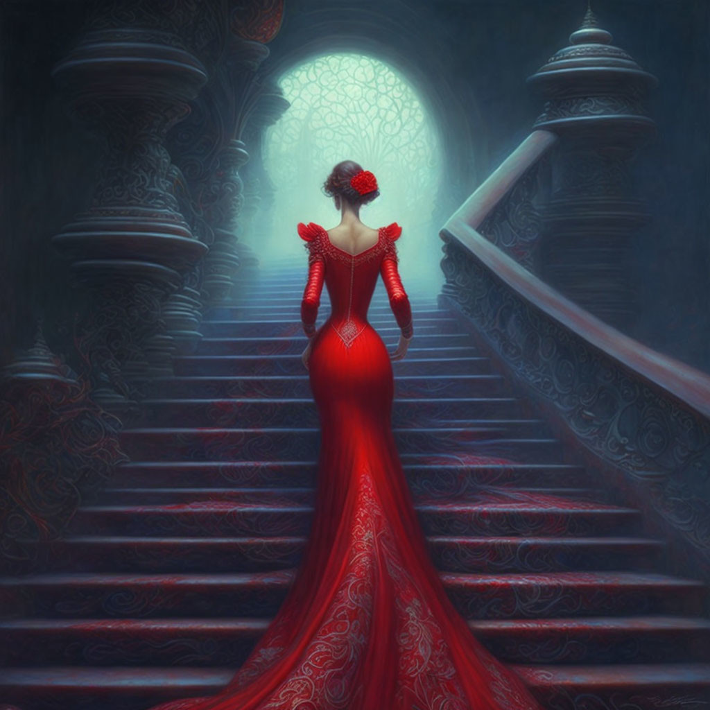 Woman in Red Gown Climbing Grand Staircase towards Bright Portal