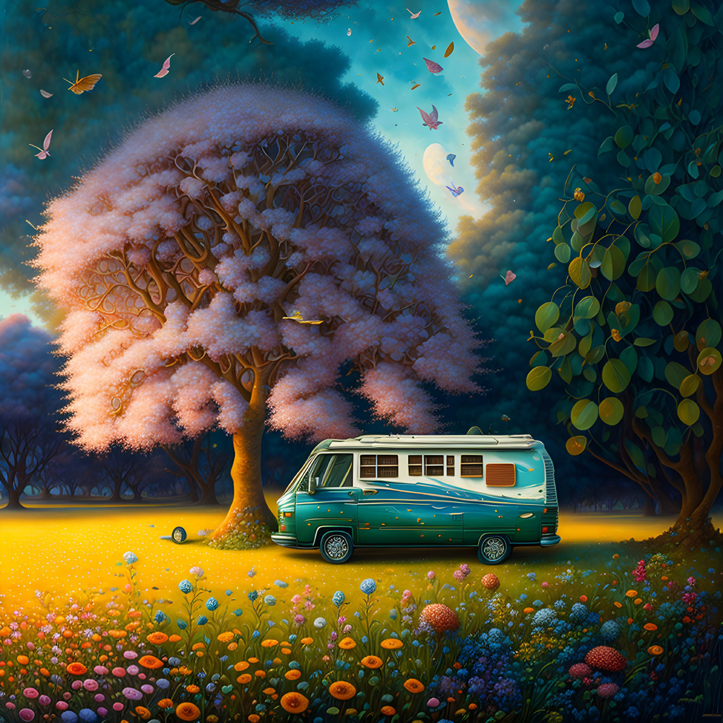 Colorful Van Parked in Whimsical Forest with Flowers and Butterflies