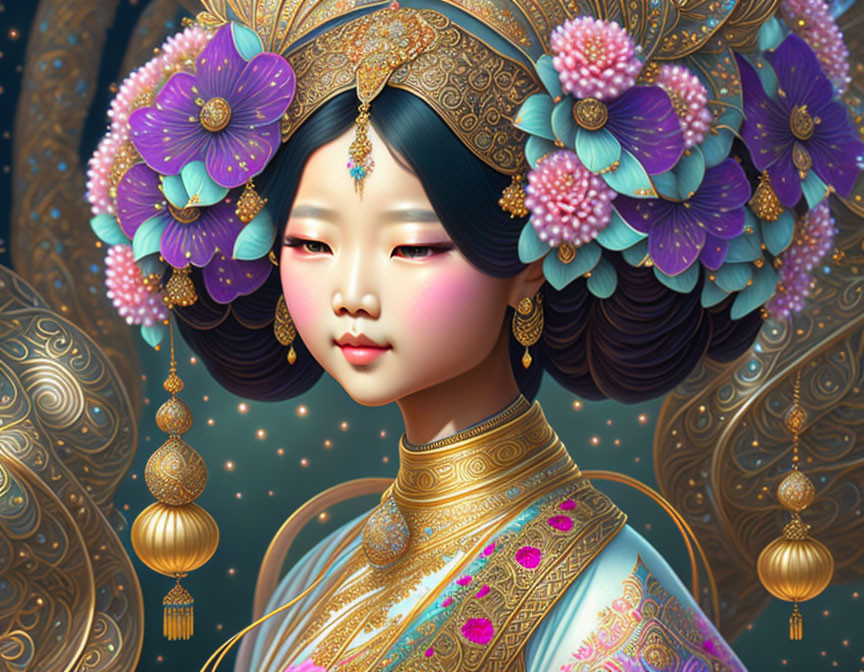 Detailed illustration of woman in traditional attire with elaborate purple flower headdress.