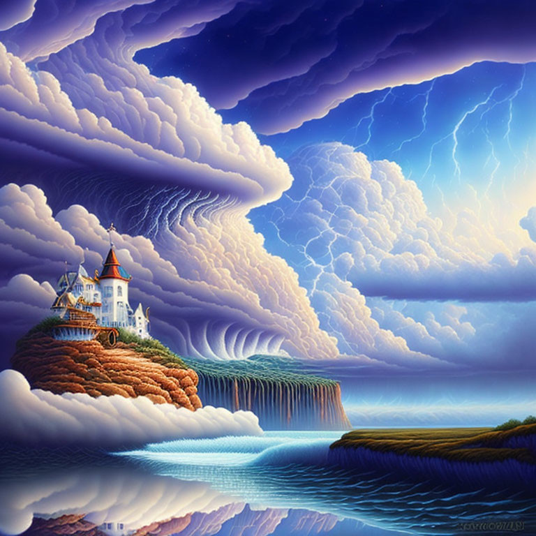 Surreal castle on cliff with waterfalls and lightning sky