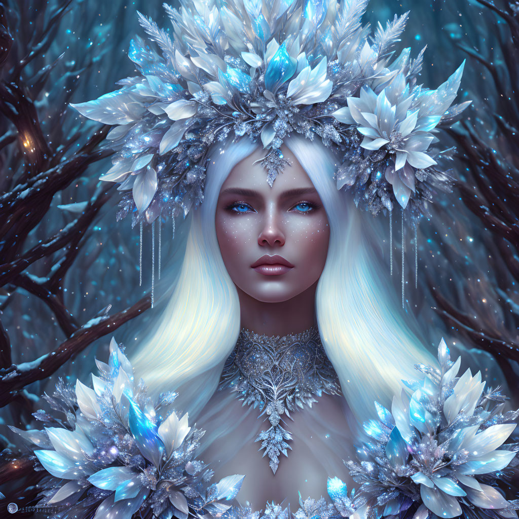 Fantasy image of woman with pale skin, blue eyes, crystal crown, icy twigs.