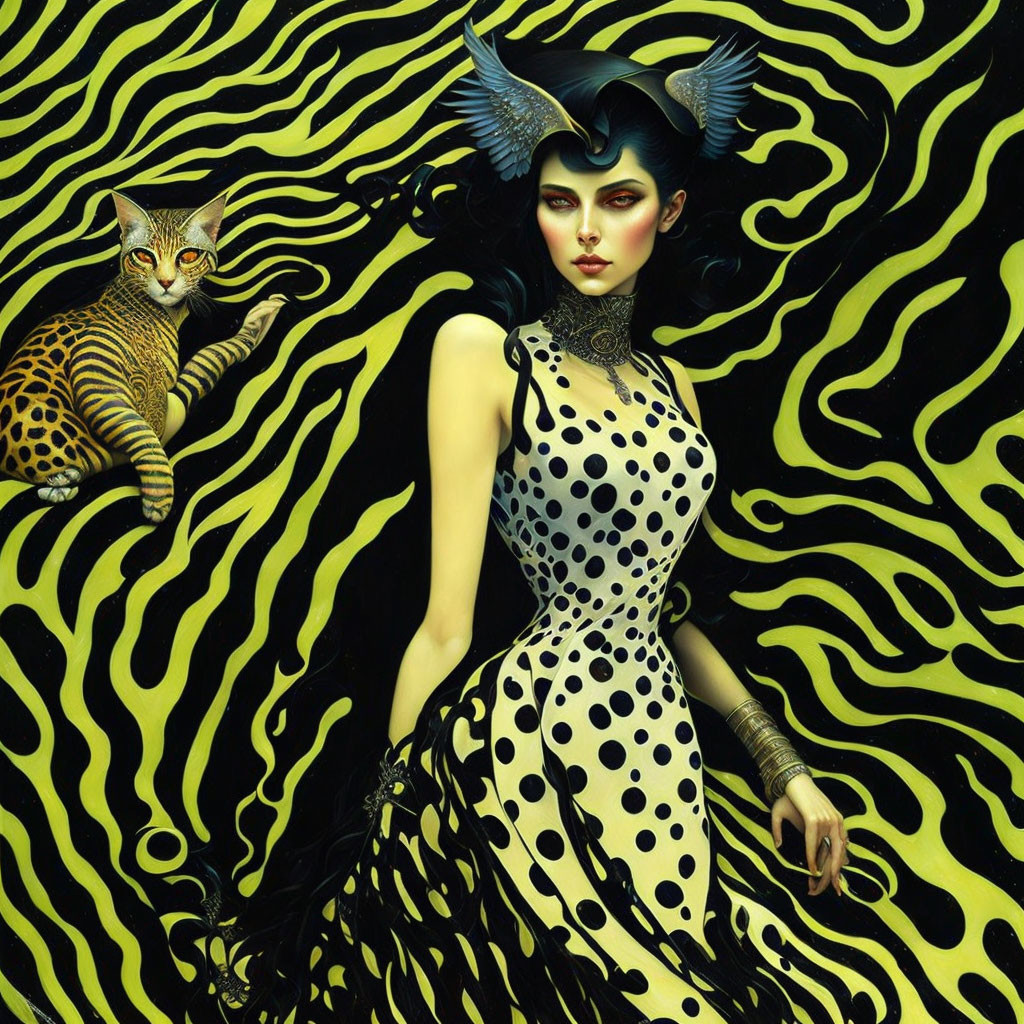 Stylized image of woman with horn-like hair and cat on black and yellow background