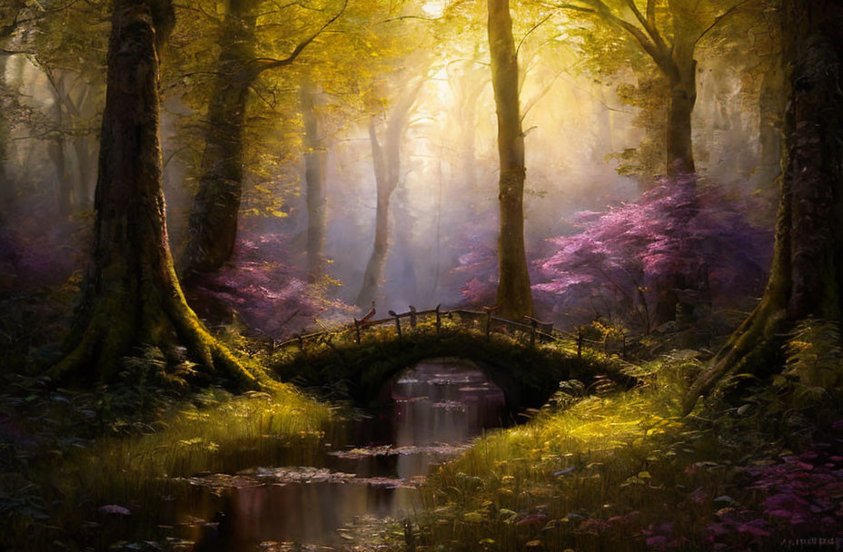 Forest Scene: Sunlight, Stone Bridge, Purple Foliage