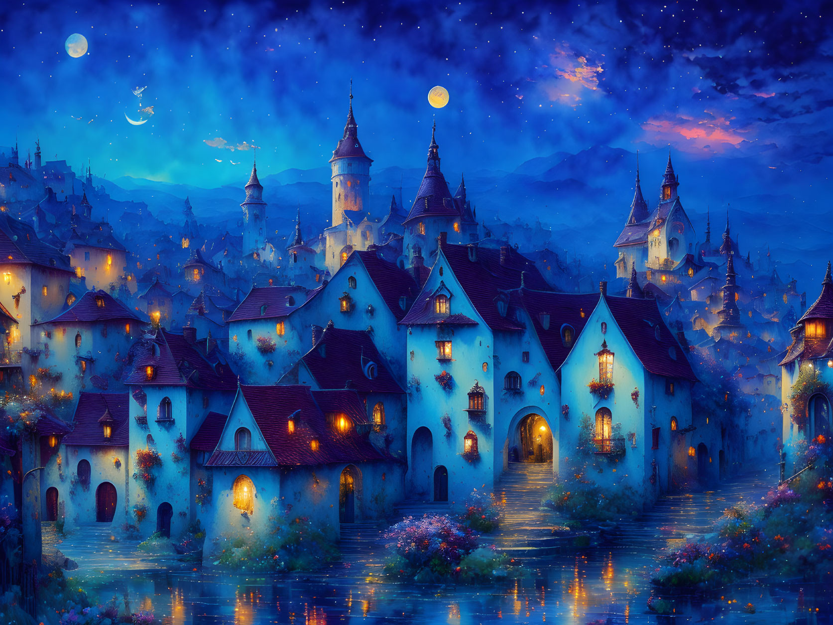 Fantastical twilight scene of vibrant fairy-tale village at night