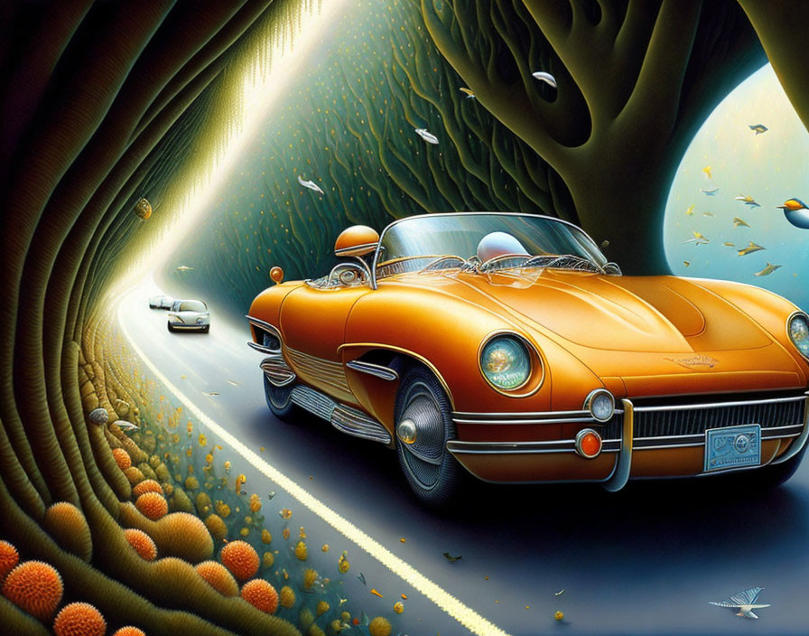 Surreal image of vintage car in fantastical tunnel with trees and flying fish