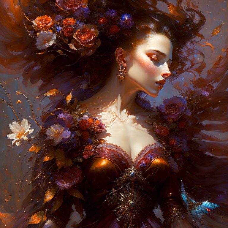 Digital artwork: Woman with flowing hair and vibrant flowers, merging with petals and leaves