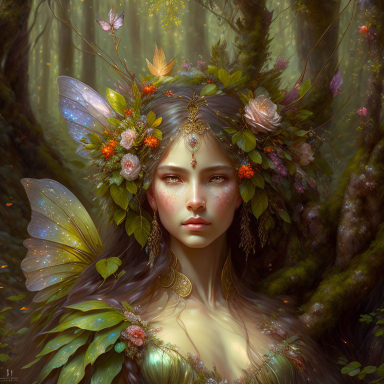 Ethereal forest fairy with translucent wings and autumn crown in mystical woodland