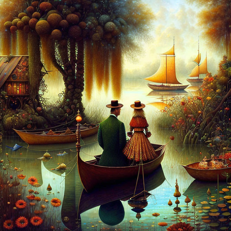 Victorian couple in boat surrounded by whimsical landscape