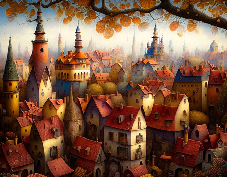 Colorful painting of vibrant, fantastical town with unique buildings and circular foliage.